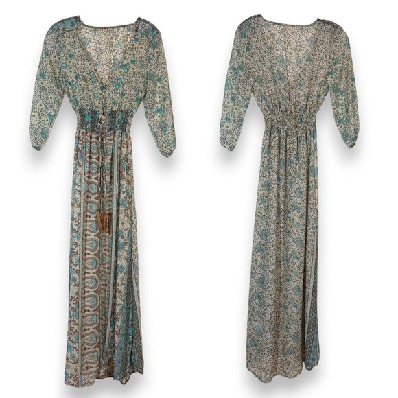 Bohemian Floral Chiffon Long Maxi Dress Sheer Coastal Flowy Beachy XS - Picture 12 of 12